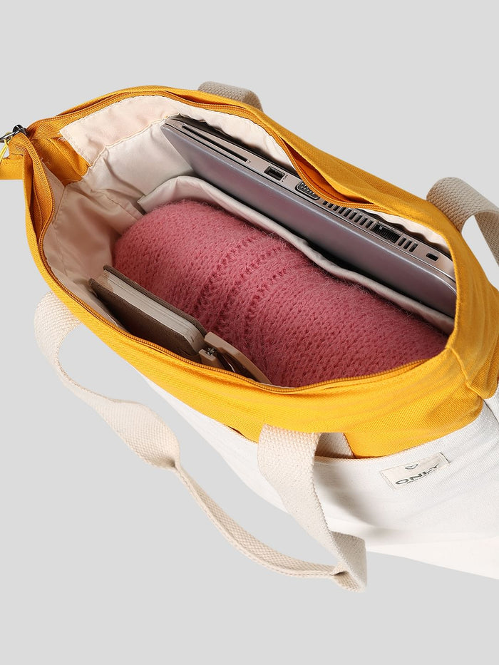 Yellow Colourblocked Cotton Canvas Bag