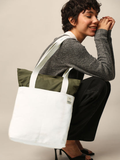 Green Colourblocked Cotton Canvas Bag