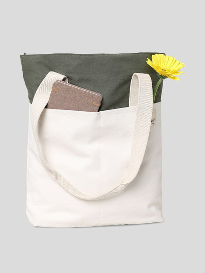 Green Colourblocked Cotton Canvas Bag