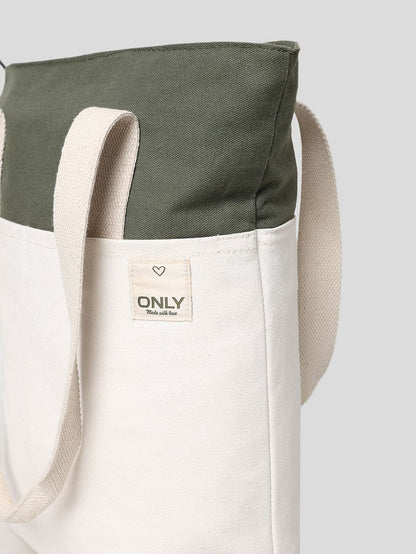 Green Colourblocked Cotton Canvas Bag