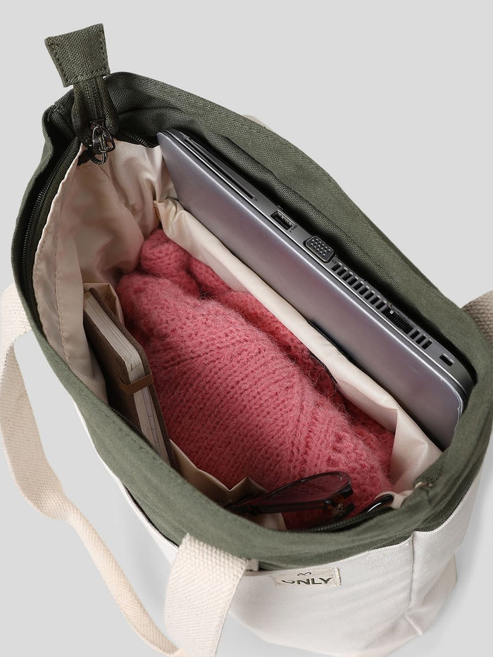 Green Colourblocked Cotton Canvas Bag