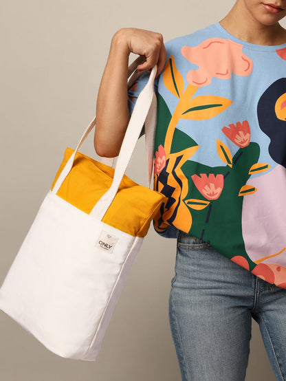 Yellow Colourblocked Cotton Canvas Bag