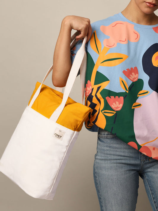 Yellow Colourblocked Cotton Canvas Bag